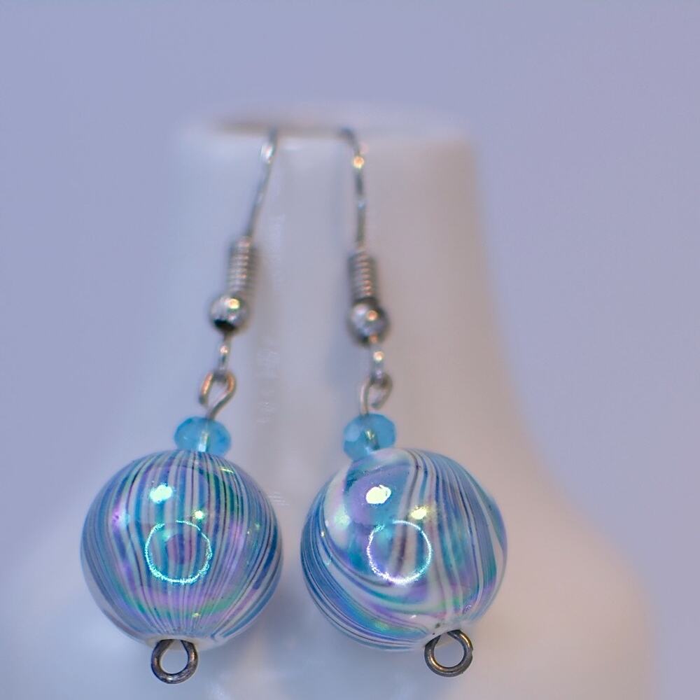 Blue, White, and Black Swirl Beaded Earrings — Handmade